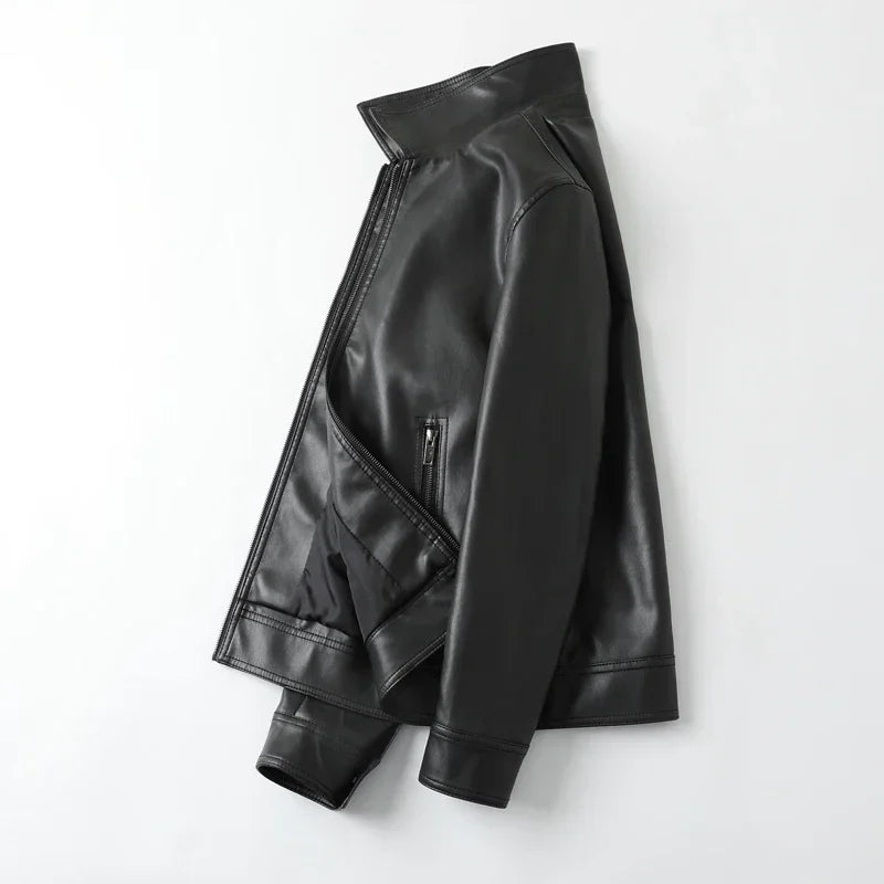 Jacket – Slim Fit PU Leather Bomber with Lapel & Wind Protection