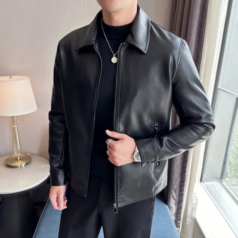 Jacket – Slim Fit PU Leather Bomber with Lapel & Wind Protection