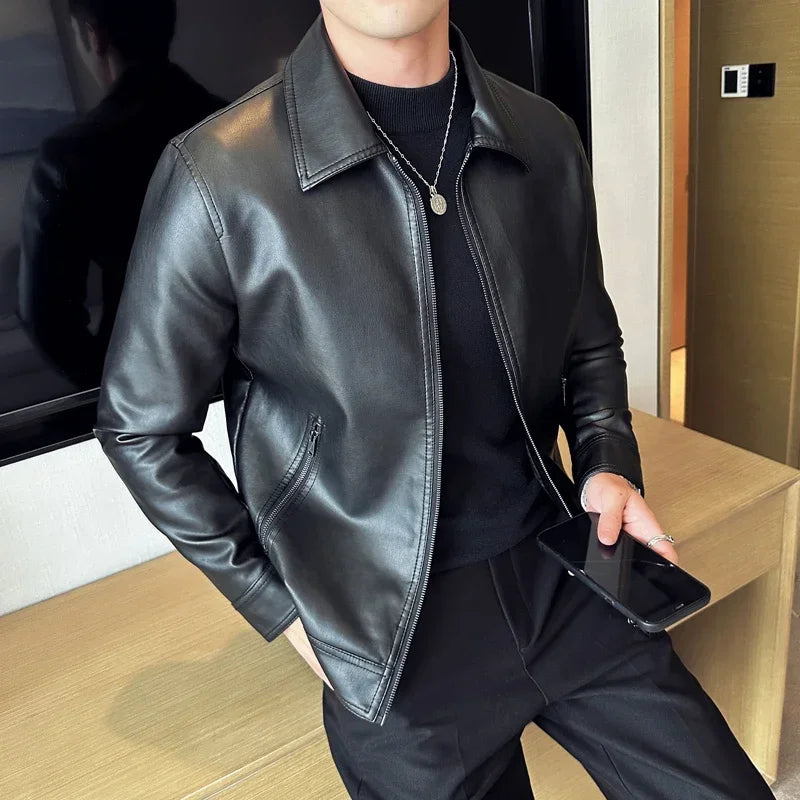 Jacket – Slim Fit PU Leather Bomber with Lapel & Wind Protection