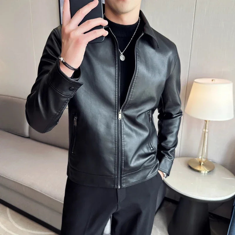 Jacket – Slim Fit PU Leather Bomber with Lapel & Wind Protection