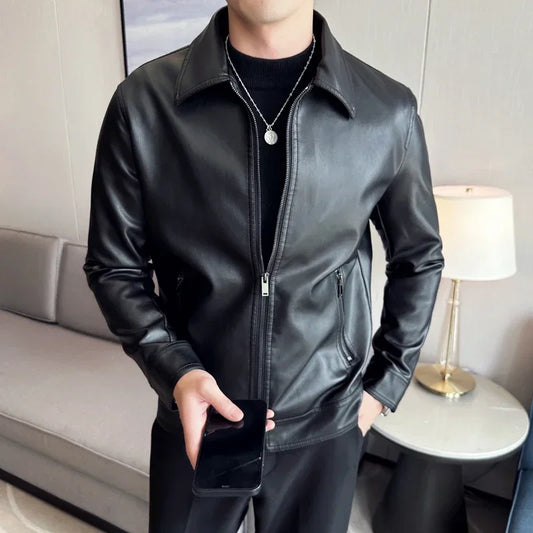 Jacket – Slim Fit PU Leather Bomber with Lapel & Wind Protection